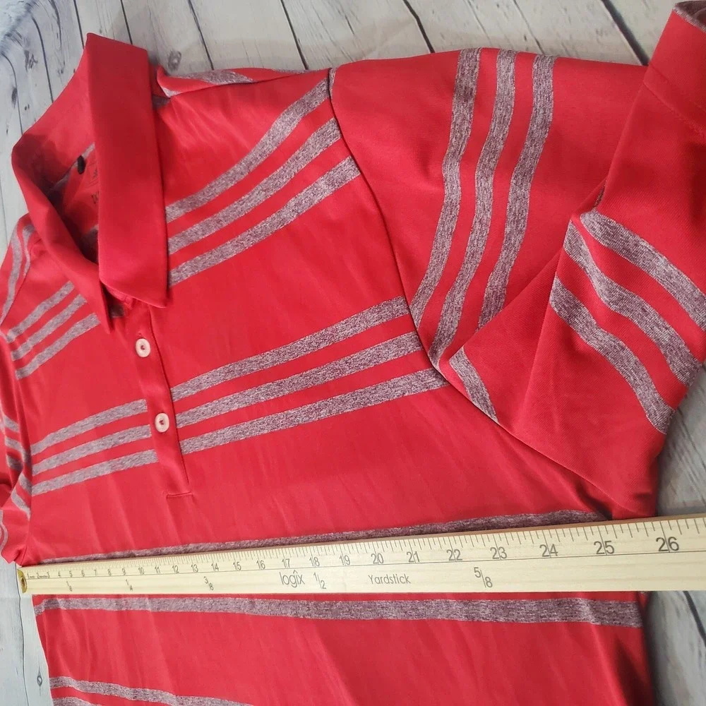 Adidas Men's 2XL Red Polo Shirt Striped‎ 1/4 Button Polyester Golf Logo